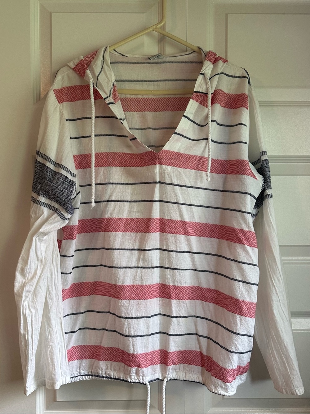 Linen Striped Hooded Pullover in White with Coral & Navy Stripes from Greece